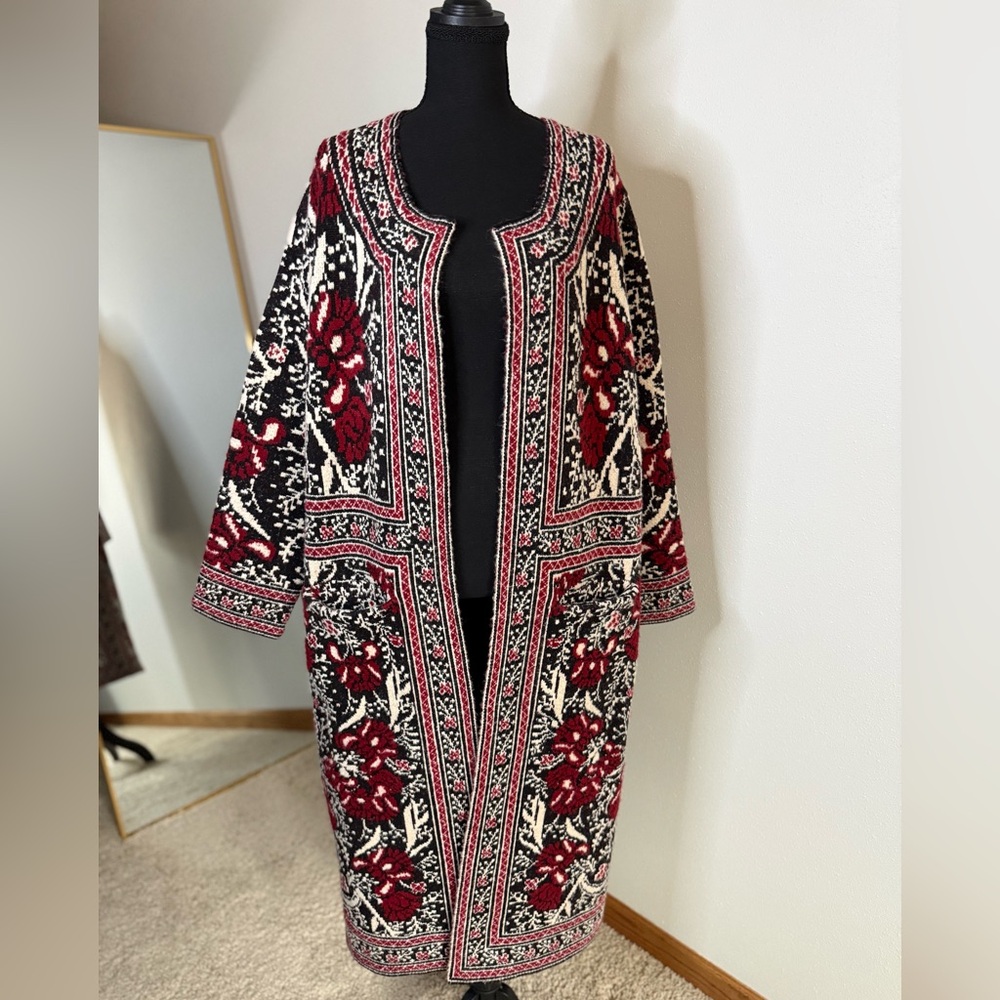MaxSport Heavy Knit Tapestry Duster Coat Floral Black Red NWT Large - Picture 2 of 10